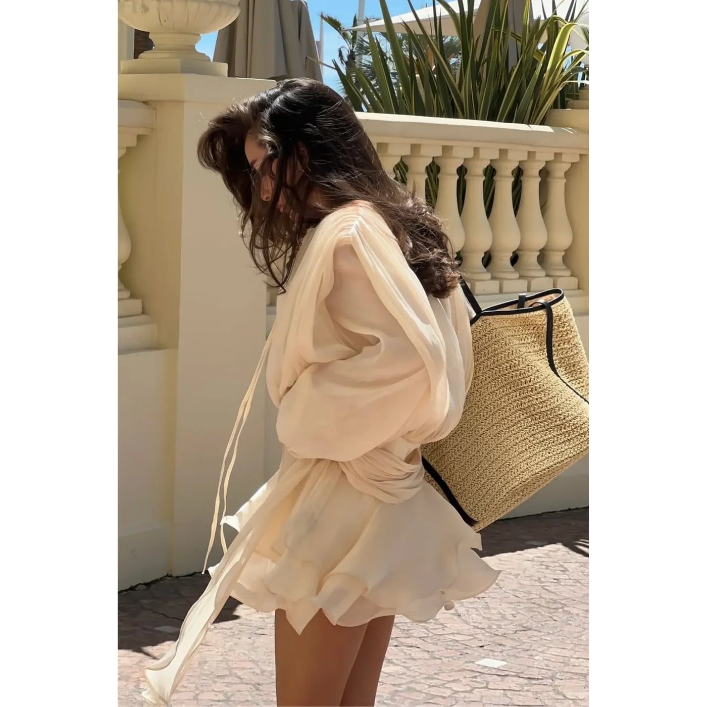 Aminah Balloon Sleeve Ruch Ruffle Mini Dress In Apricot - Image 5