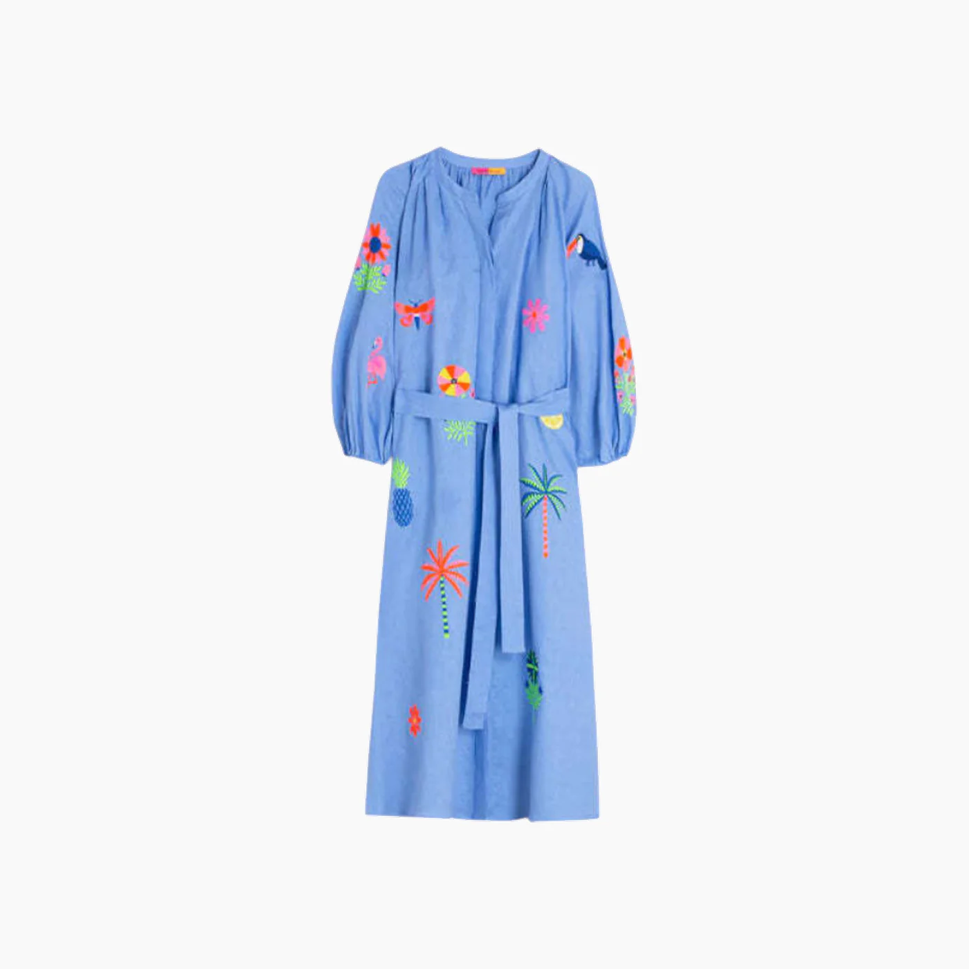 Vilagallo Blue Dress With Tropical Embroidery