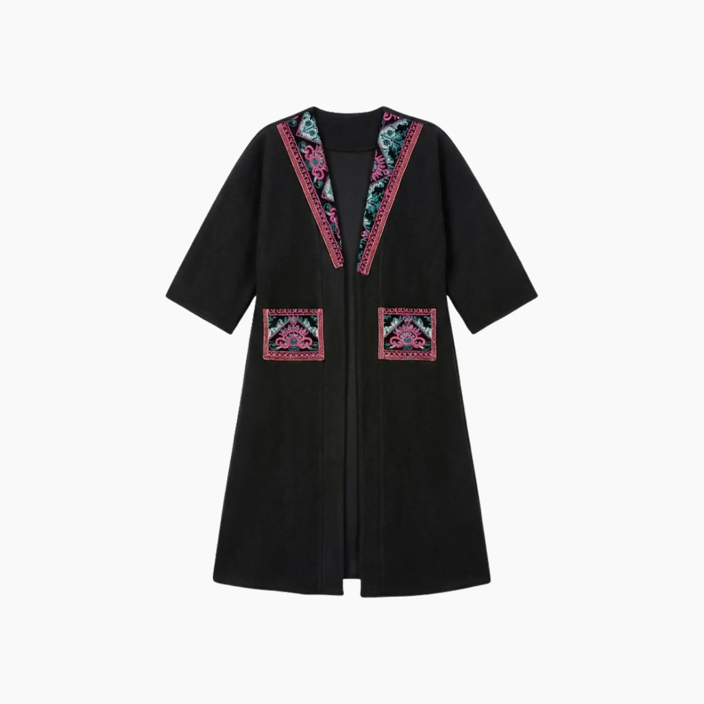 Kaftans Girl's Black Wool Open Bisht With Pink And Blue Details