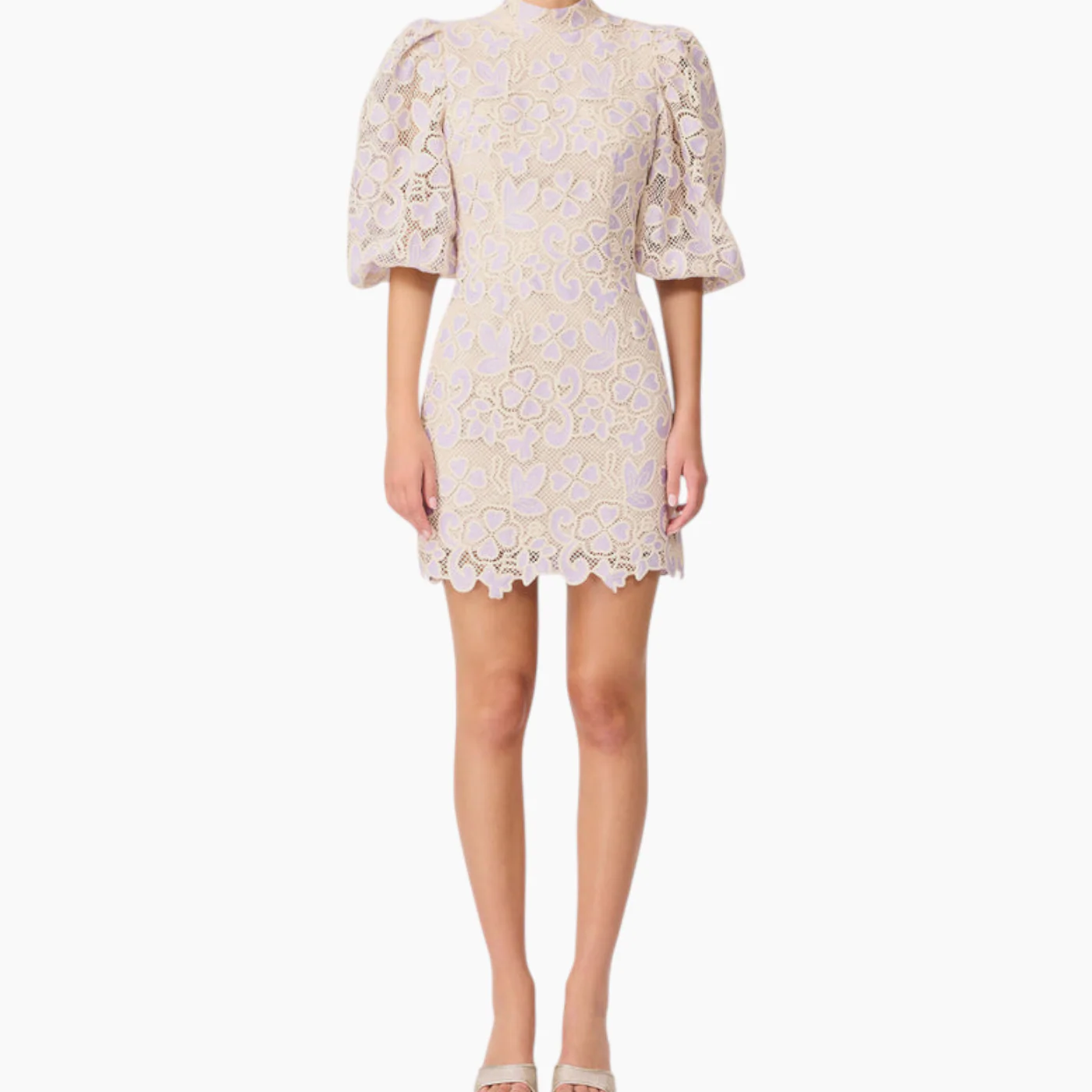 Elliott Jasmine Puff Sleeve Mini Dress in Purple & Beige - Image 2