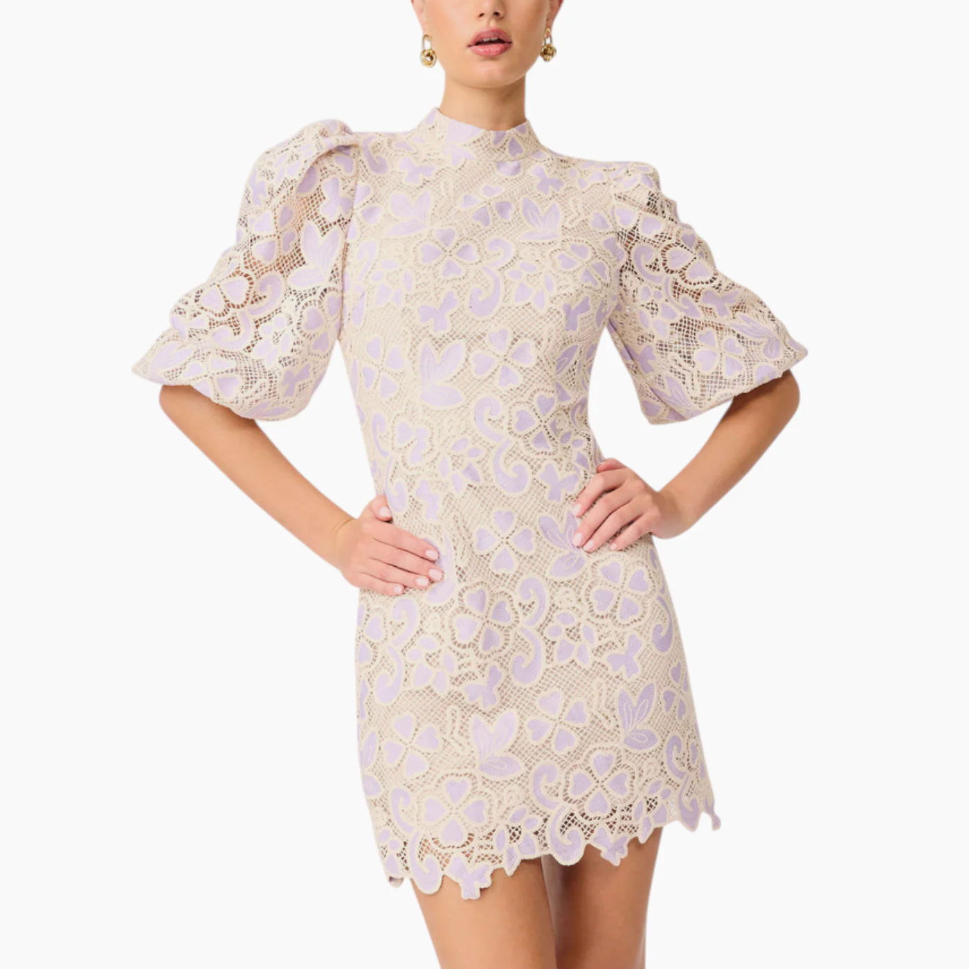 Elliott Jasmine Puff Sleeve Mini Dress in Purple & Beige - Image 3