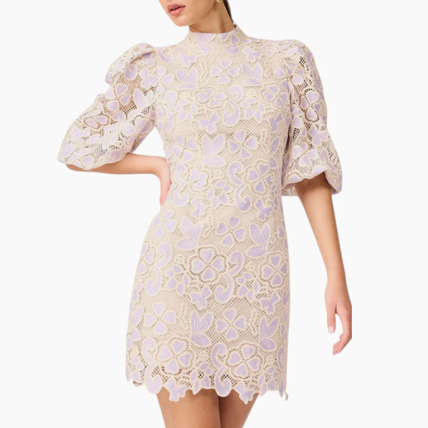 Elliott Jasmine Puff Sleeve Mini Dress in Purple & Beige - Image 6