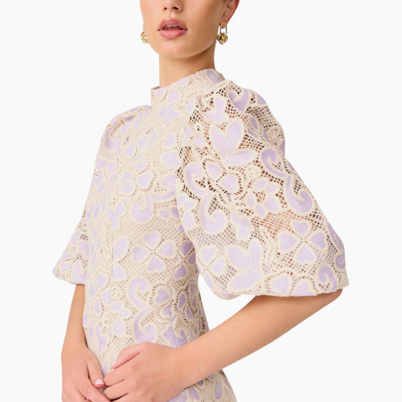 Elliott Jasmine Puff Sleeve Mini Dress in Purple & Beige - Image 7