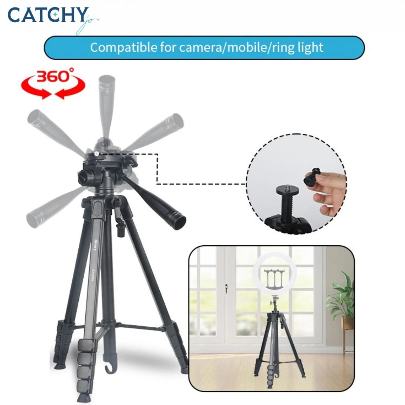 JMARY KP-2201 Tripod with Pan Head and Ring Light Head (1.7M) - Image 4
