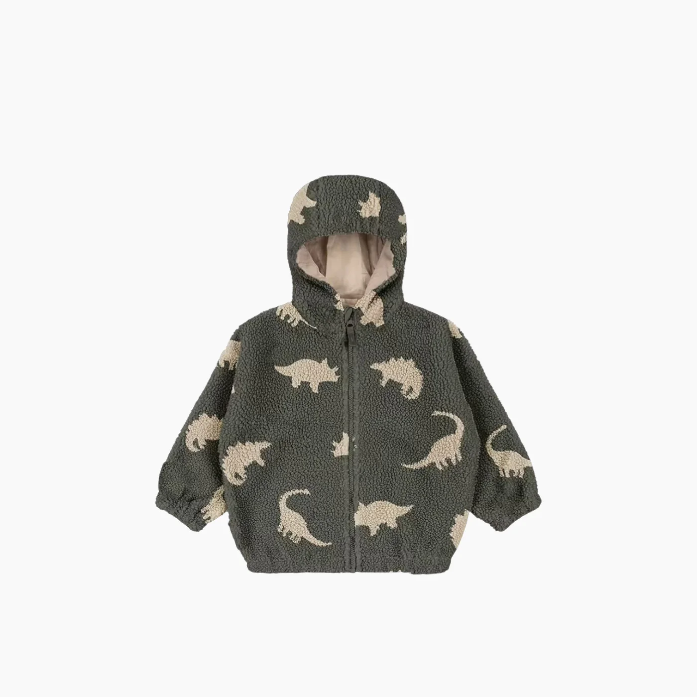 Jody Teddy Kids Dinosaur Hooded Sherpa Zip Jacket – Green