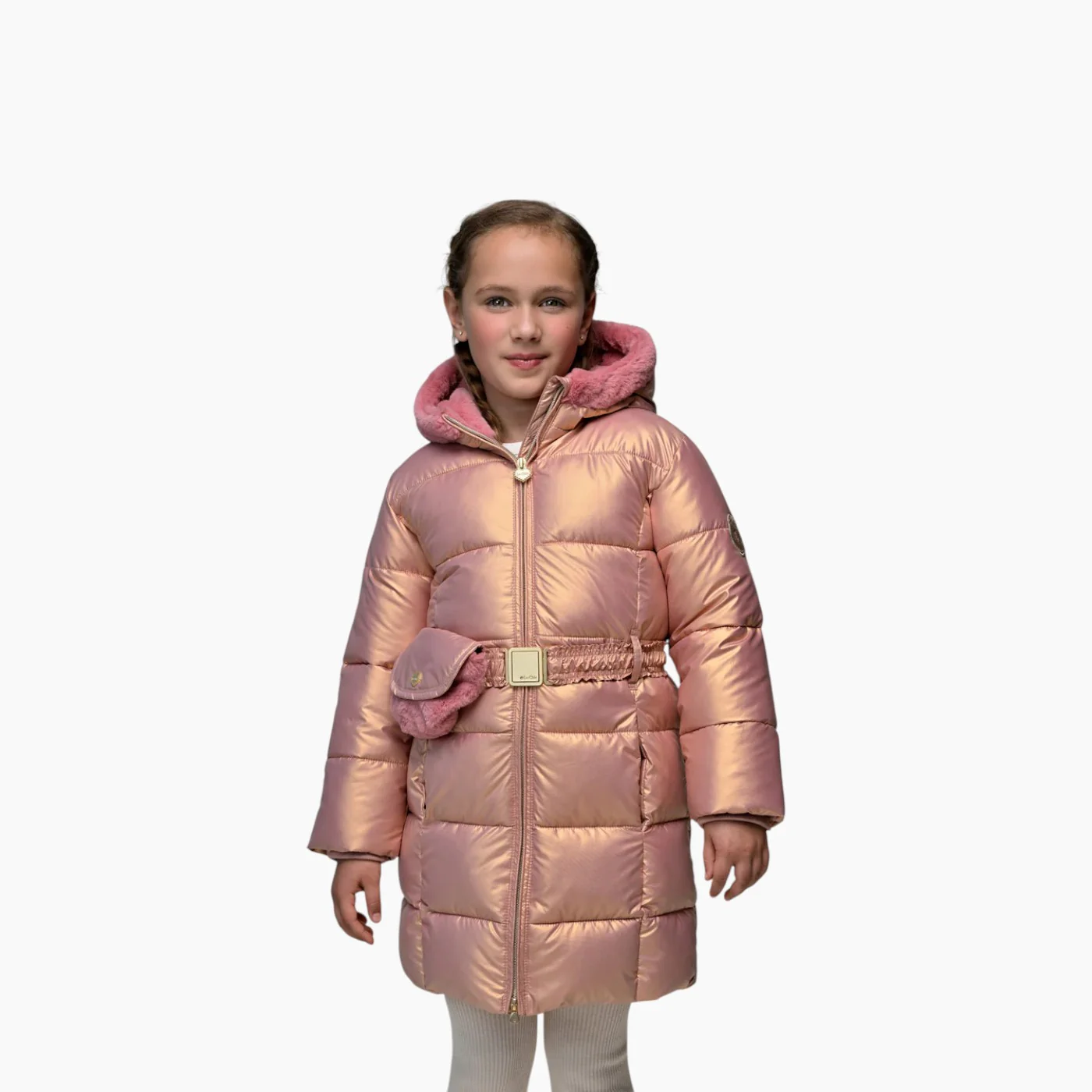 Le Chic Girls Pink Puffer Coat with Bag Belt - Image 3