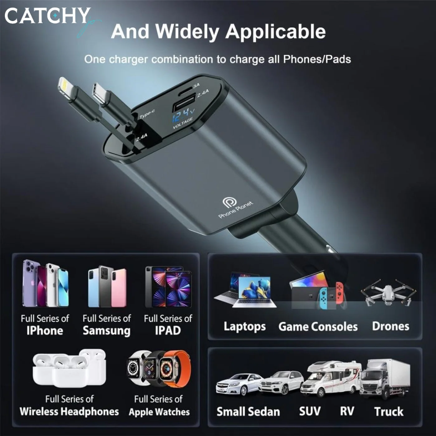 Phone Planet 4 in 1 Retractable Car Charger (120W) - Image 5