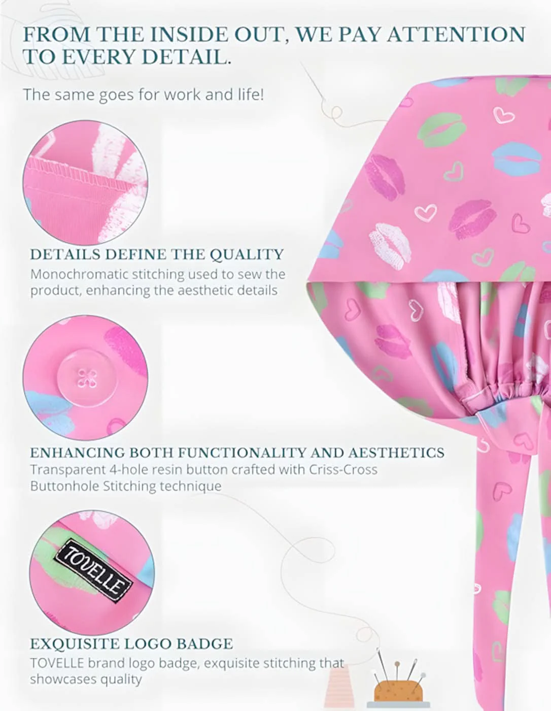 Pink Heart Pattern Scrub Caps - Image 2