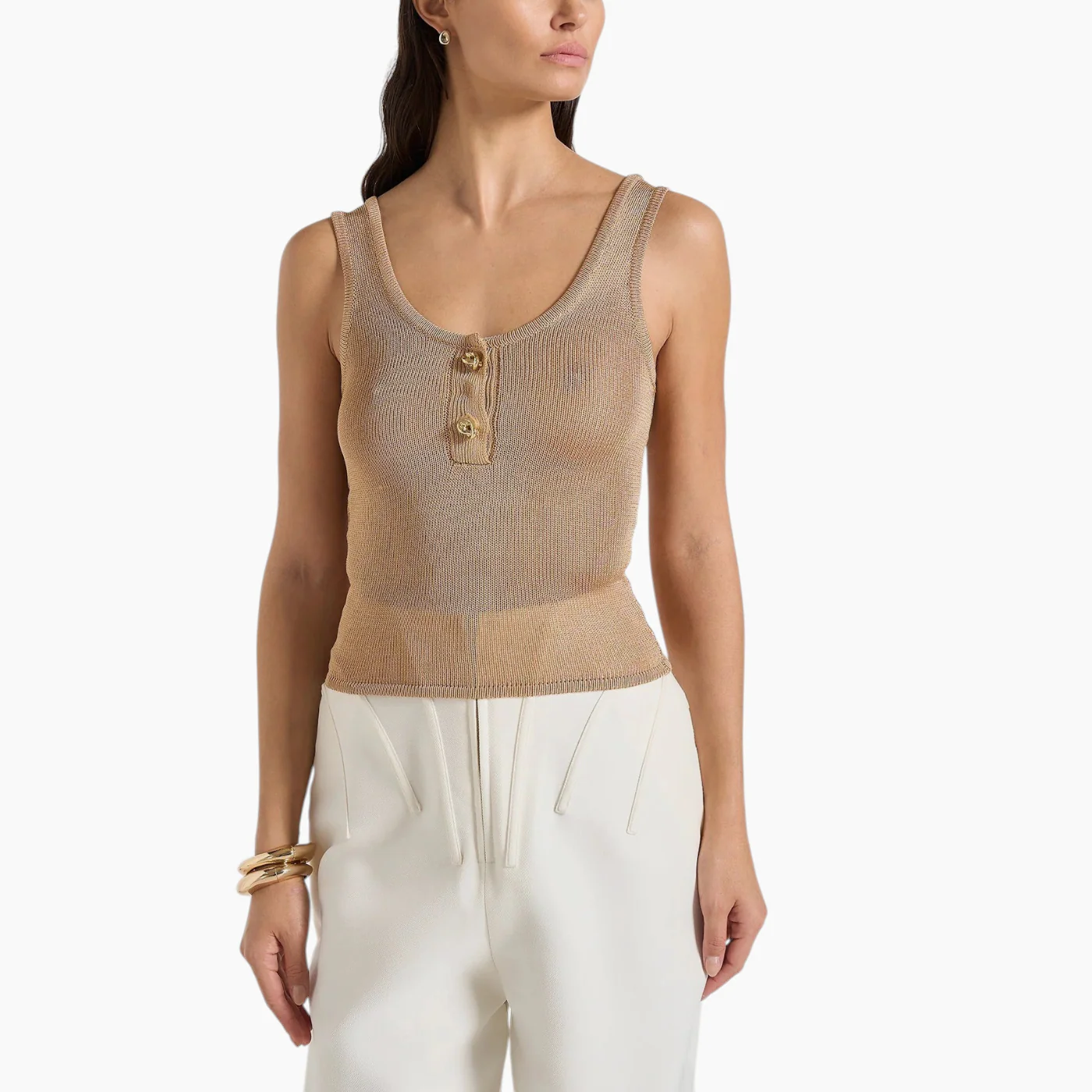 Manière De Voir Pippa Pointelle Knitted Tank Top With Knot Button - Gold - Image 2