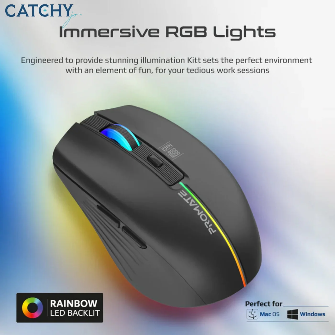PROMATE Kitt Wireless Ergonomic Mouse With LED Rainbow Lights - Image 2