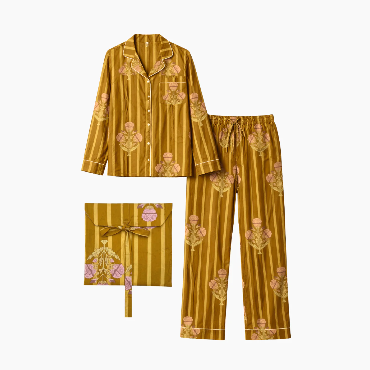 Elegant Floral Printed with stripes Cotton Pyjama Set