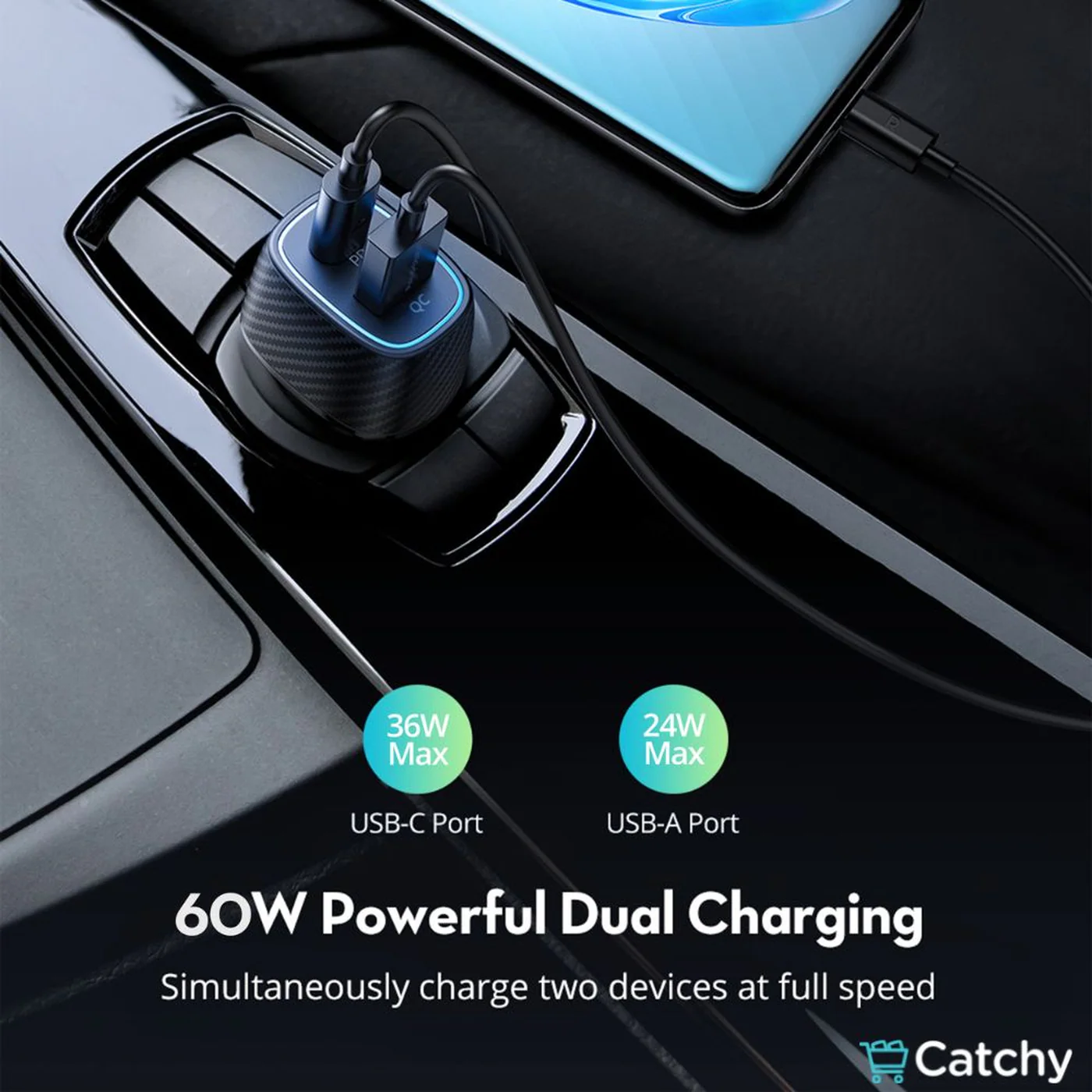 RAVPOWER Car Charger 60W Dual Port QC24W & PD36W - Image 6