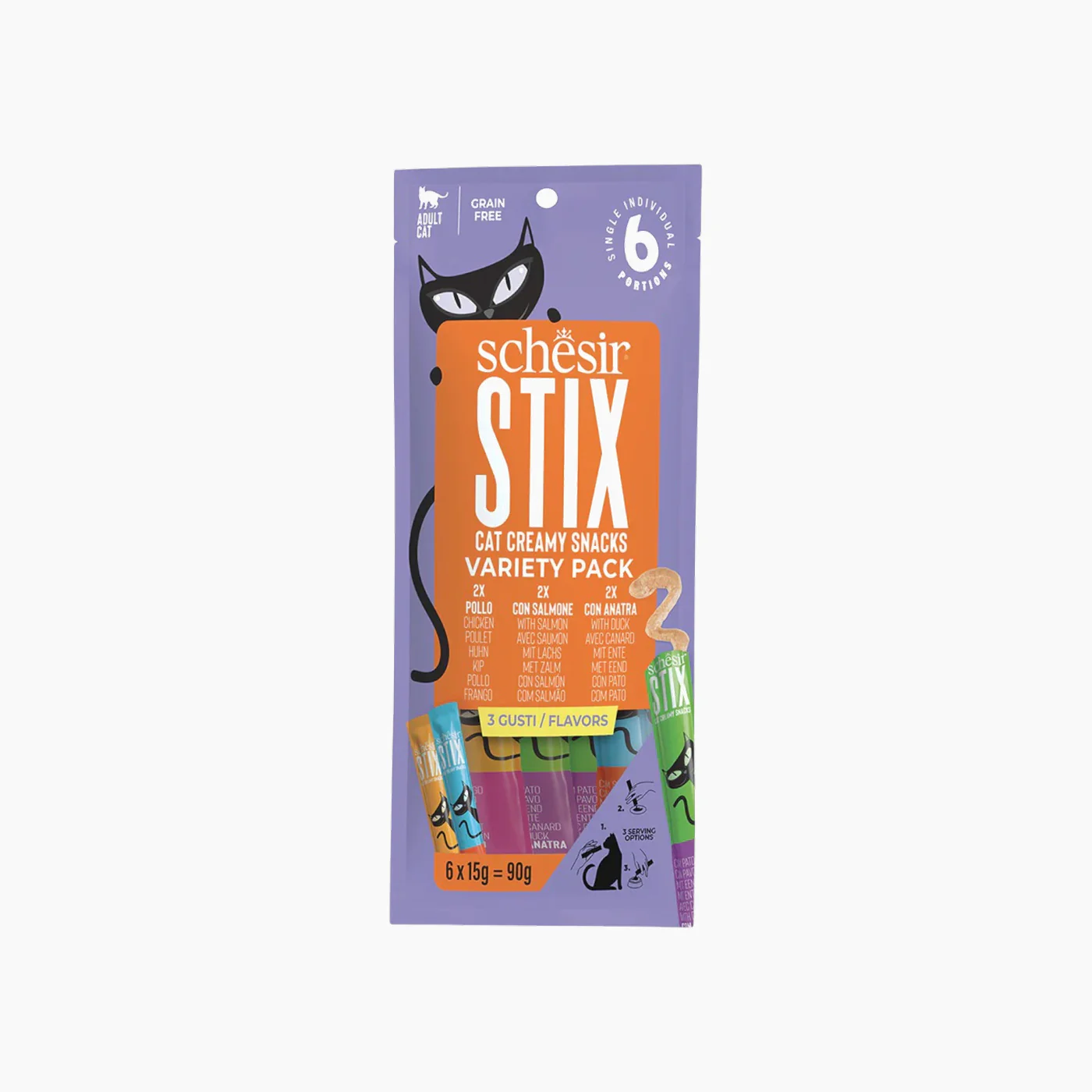 Schesir Stix Cat Pouch Variety Treats Chicken-Duck-Salmon 12x6x15 gm