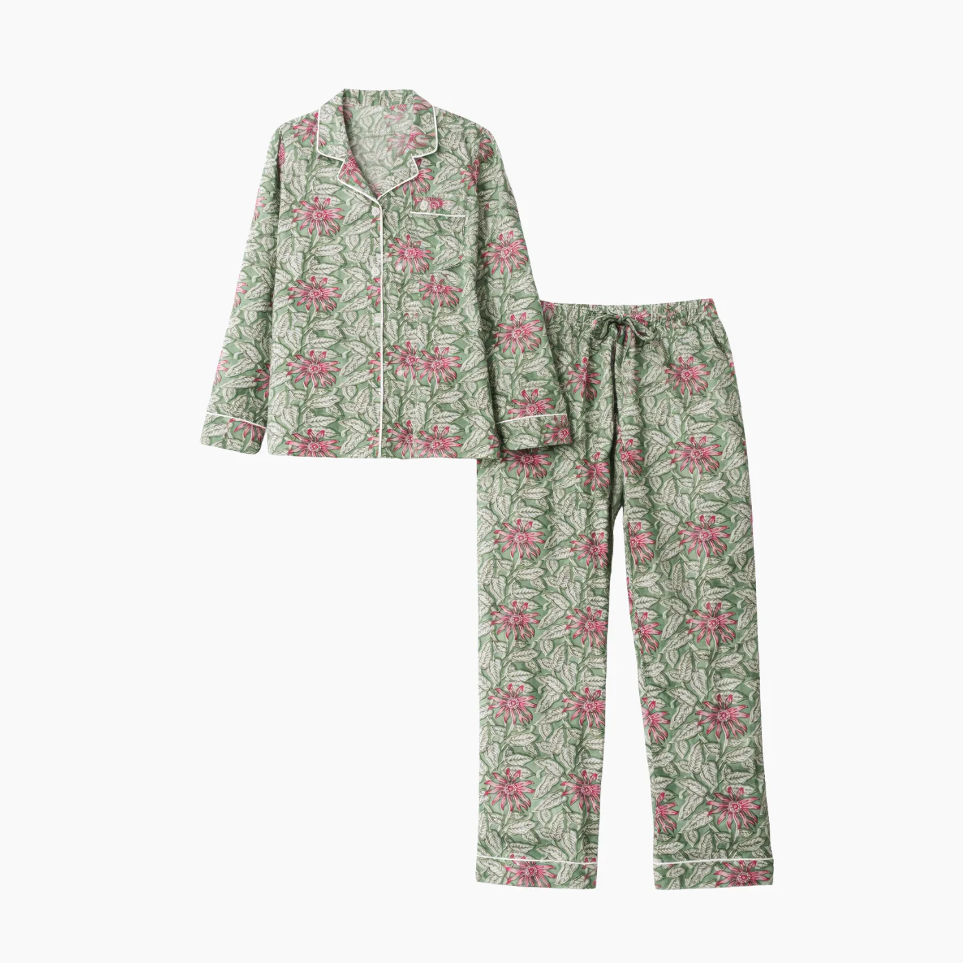 Pink And Green Floral Cotton Block Printed Pajama Set - Image 2