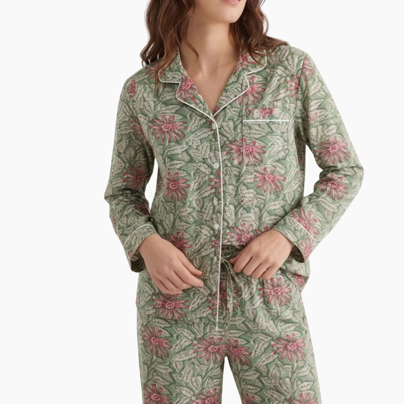 Pink And Green Floral Cotton Block Printed Pajama Set - Image 4