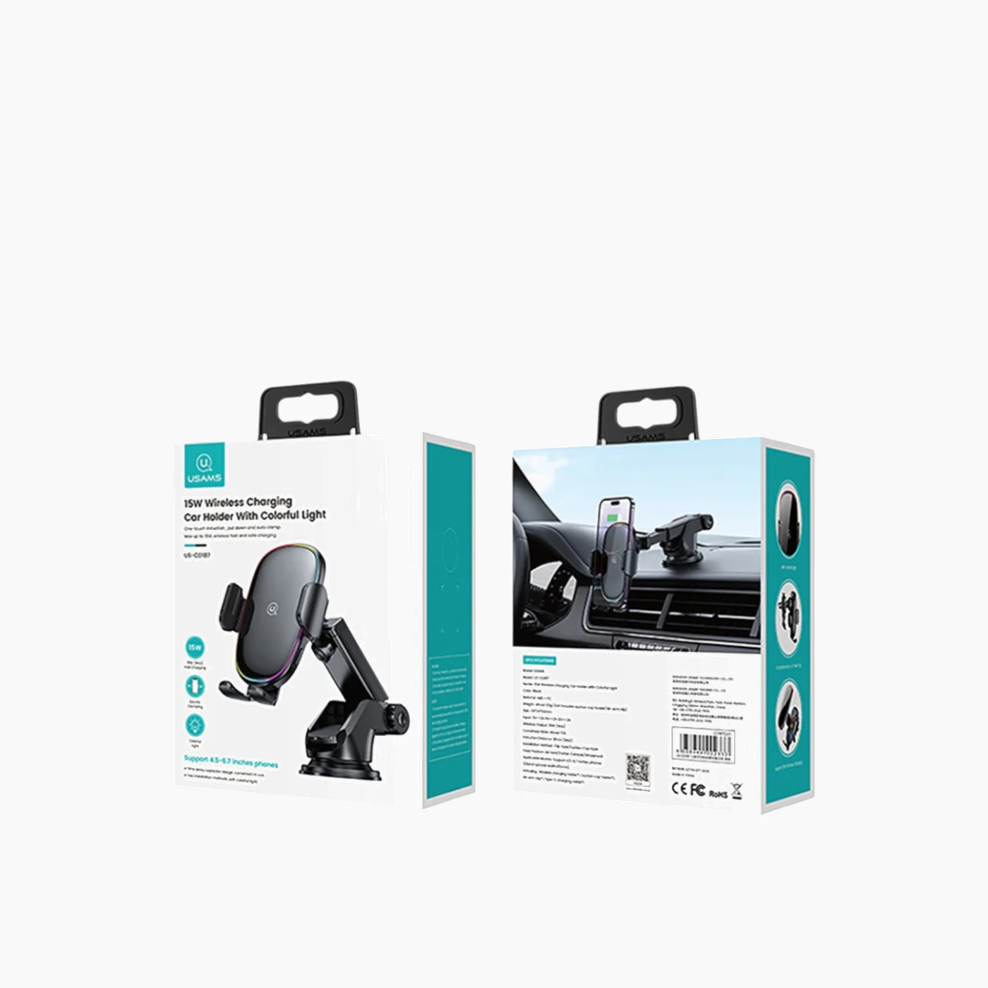 USAMS CD187 Wireless Charging Car Holder With Colorful Light (15W) - Image 4