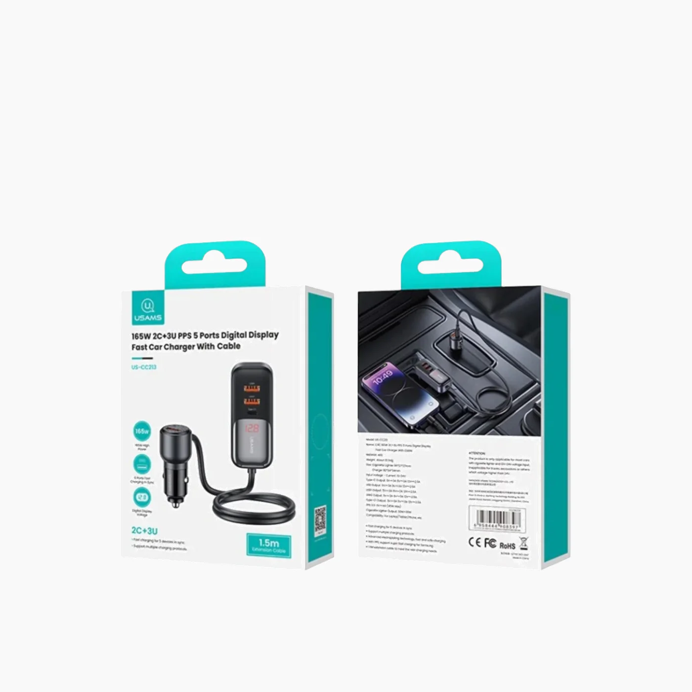 USAMS US-CC213 5 Ports Digital Display Fast Car Charger With Data Cable (165W) - Image 3