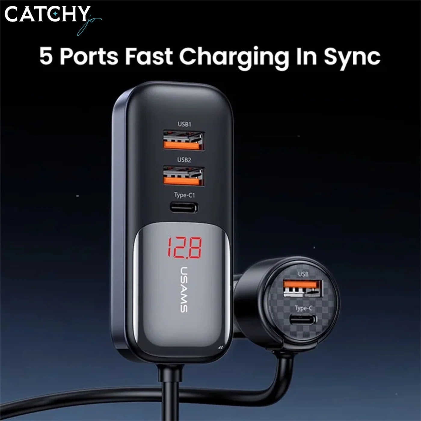 USAMS US-CC213 5 Ports Digital Display Fast Car Charger With Data Cable (165W) - Image 4