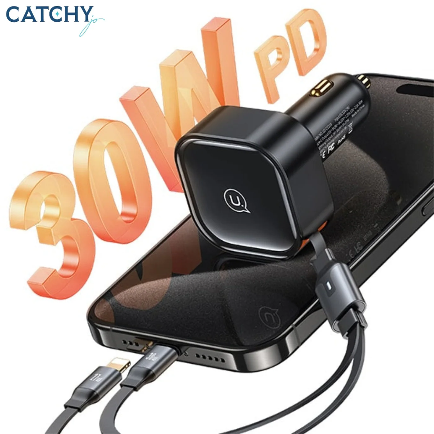 USAMS US-CC219 Car Charger With 2IN1 Retractable Cable Type-C+Lightning (30W) - Image 2