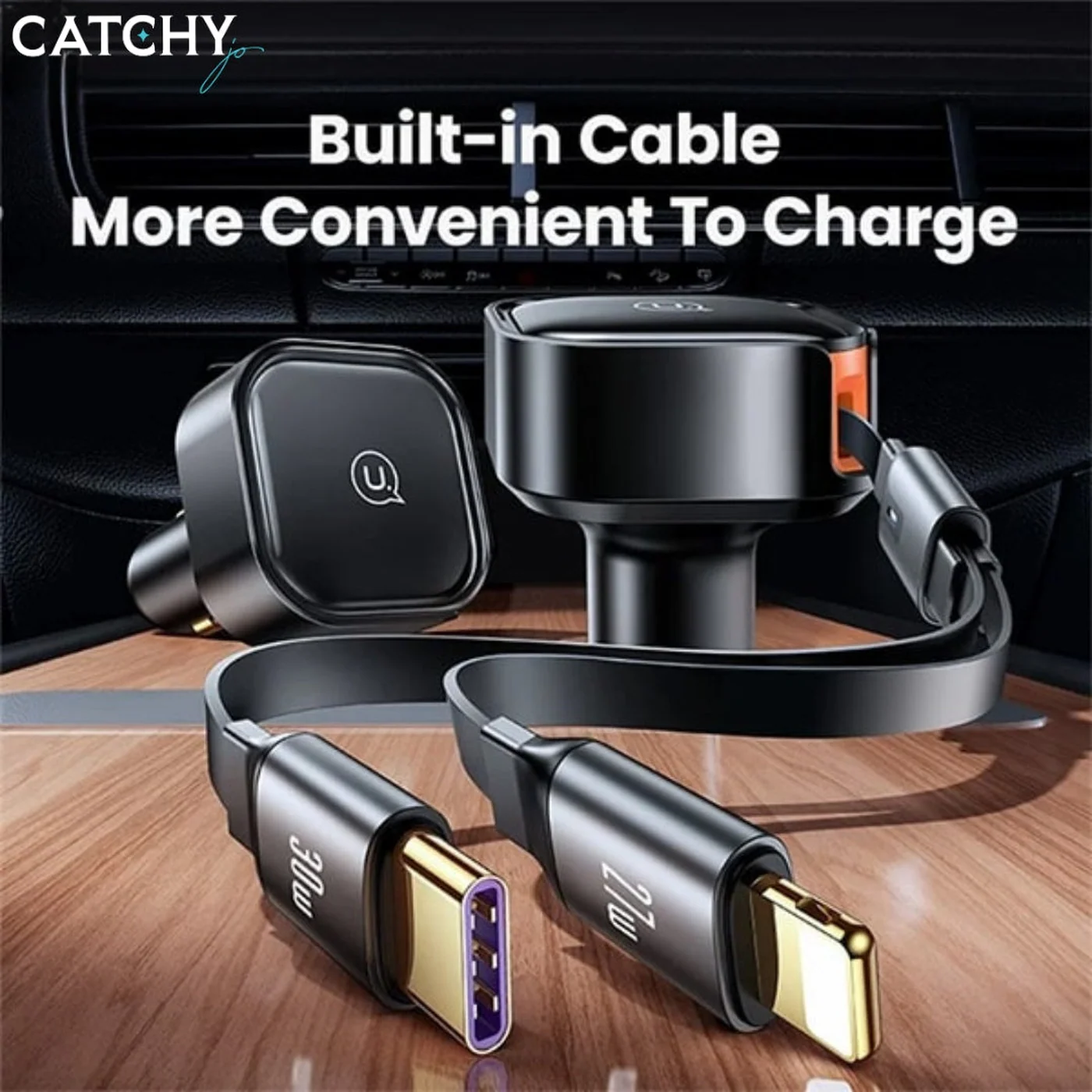 USAMS US-CC219 Car Charger With 2IN1 Retractable Cable Type-C+Lightning (30W) - Image 3