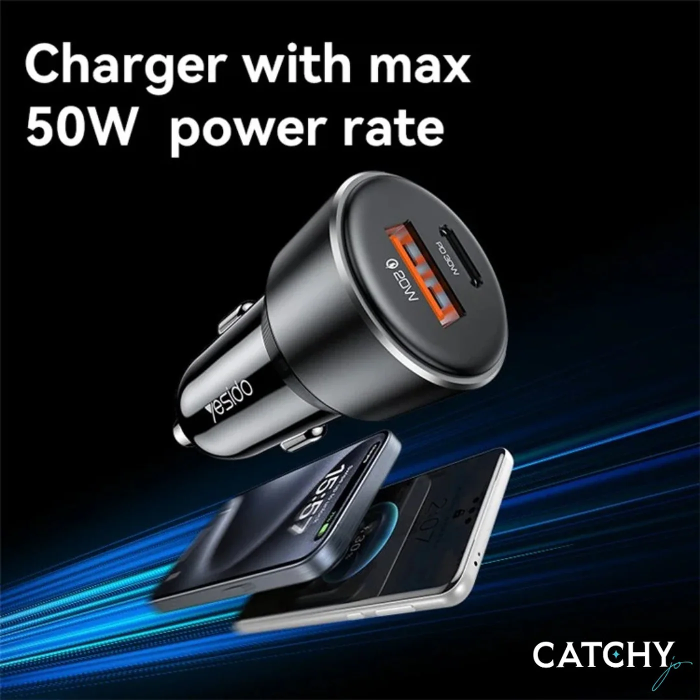 YESIDO Y64 USB+Type-C Dual Port Fast Car Charger (50W) - Image 4