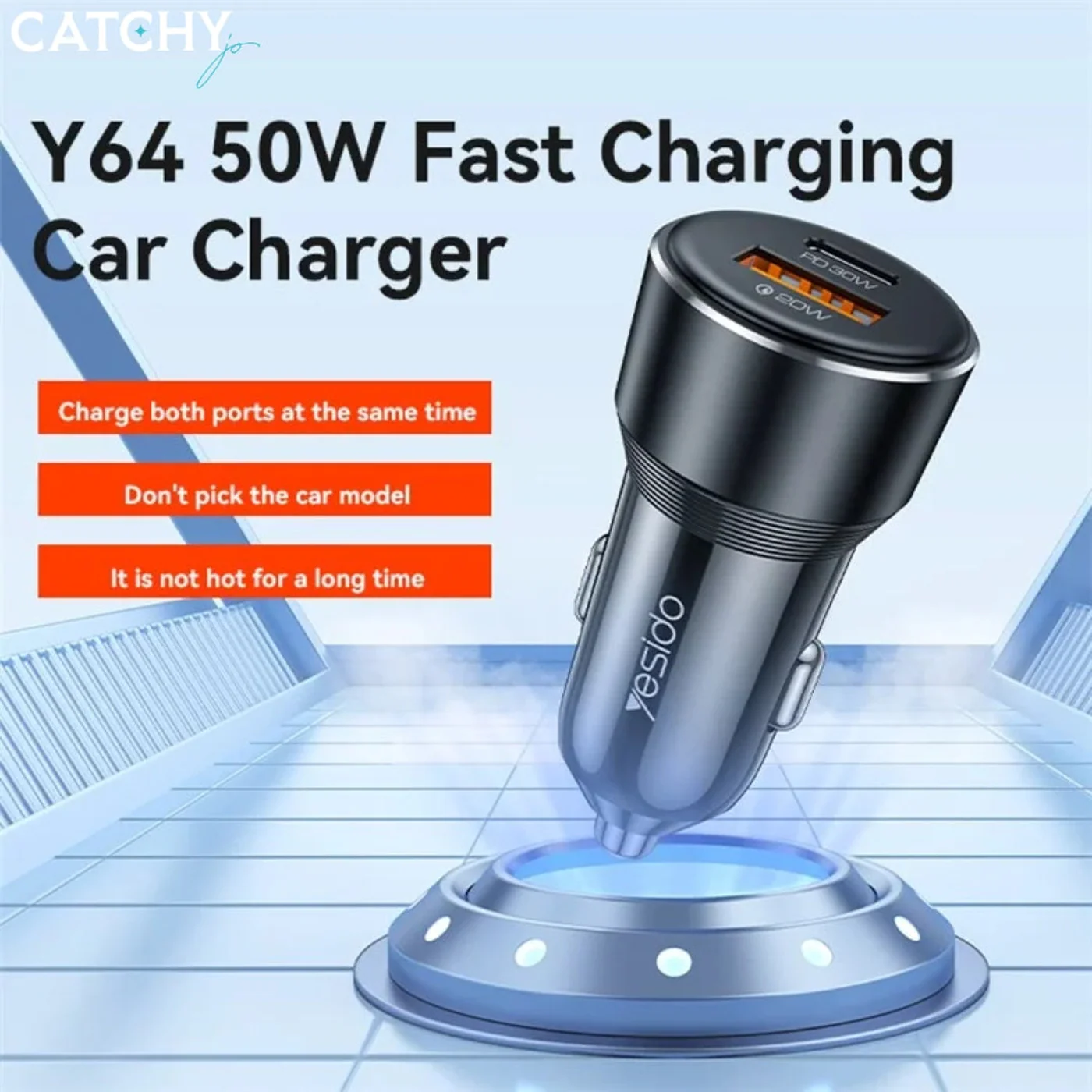 YESIDO Y64 USB+Type-C Dual Port Fast Car Charger (50W) - Image 5